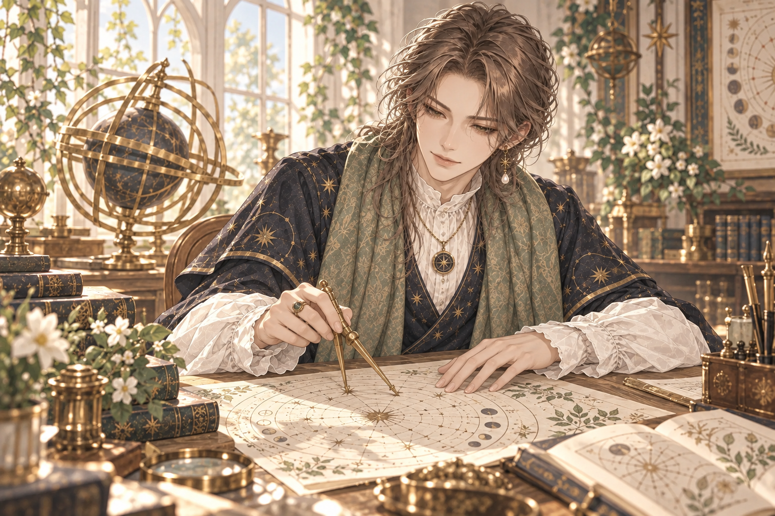 星図を前に読み解くザレノアのイラスト