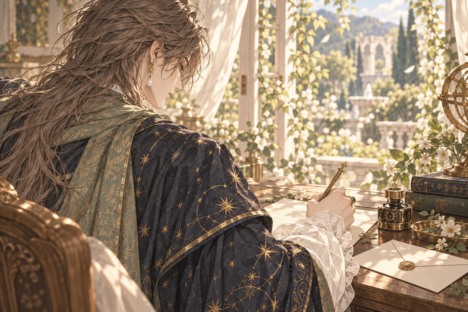 肩越しに眺めた、手紙を書くザレノアのイラスト