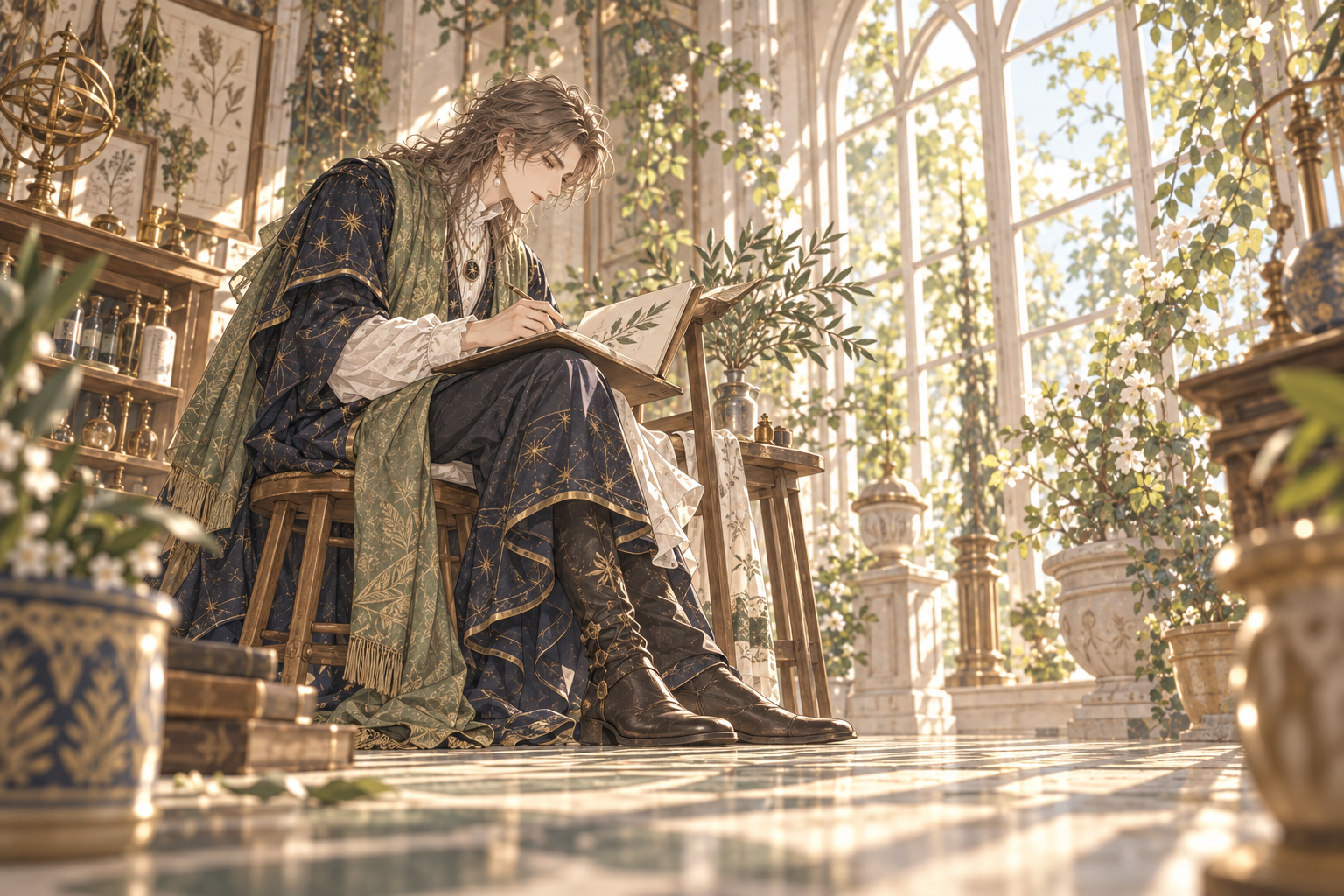 植物をスケッチするザレノアを低い位置から描いたイラスト