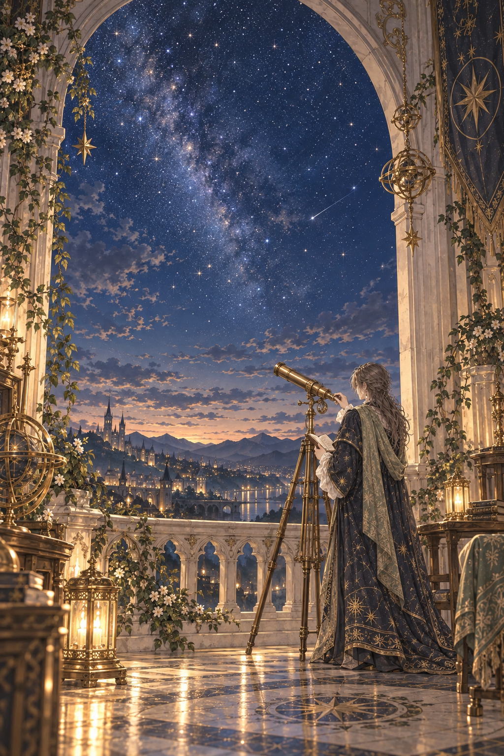 広い夜空の下で星を眺めるザレノアのイラスト